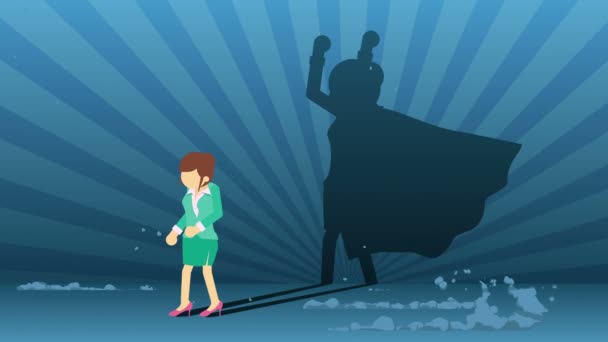 Γυναίκα Των Επιχειρήσεων Στέκεται Σκιά Των Ηρώων Επιχειρηματικό Σύμβολο Ιδέα — Αρχείο Βίντεο