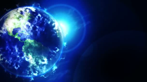 宇宙の雲の地球 ビジネス シンボル 太陽の光の中で海と大気を持つ地球 ループ アニメーション — ストック動画