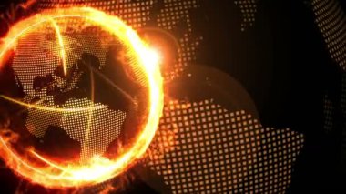 World global network over the earth with rival company fire. CG loop animation.