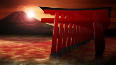Japonya'da Kırmızı Torii kapıları. Göl'den Fuji Dağı. Cg döngü animasyon. Fuji dağ fantastik sahne.