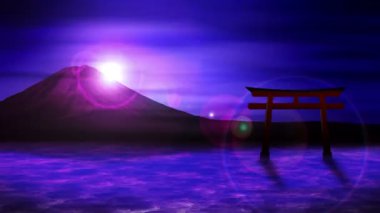 Japonya'da Kırmızı Torii kapıları. Göl'den Fuji Dağı. Cg döngü animasyon. Fuji dağ fantastik sahne.