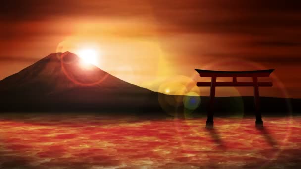 日本の赤鳥居門 湖から富士山 ループ アニメーション 富士山の幻想的な風景 — ストック動画
