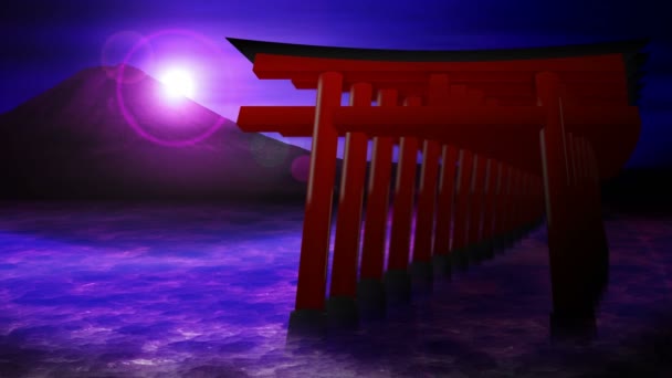 Japonya Kırmızı Torii Kapıları Göl Den Fuji Dağı Döngü Animasyon — Stok video