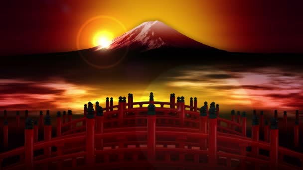 Paisaje Puente Rojo Cruzado Montaña Fuji Cultura Japonesa Animación Bucle — Vídeos de Stock