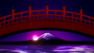 Fuji Dağı'ndaki kırmızı köprü nün manzarası. Japon kültürü. Cg döngü animasyonu.