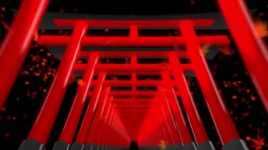 Japonya'da Kırmızı Torii kapıları. Tapınaktaki Torii kapıları. Tapınak tüneli. Cg döngü animasyonu.