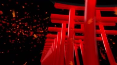 Japonya'da Kırmızı Torii kapıları. Tapınaktaki Torii kapıları. Tapınak tüneli. Cg döngü animasyonu.