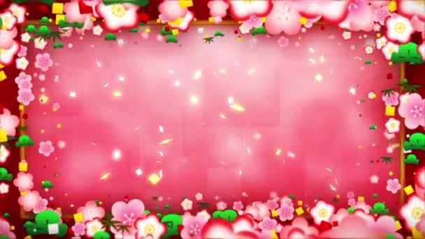 Японская Традиционная Анимация Орнамента Новогодняя Культура Красный Фон Цикл Анимации — стоковое видео