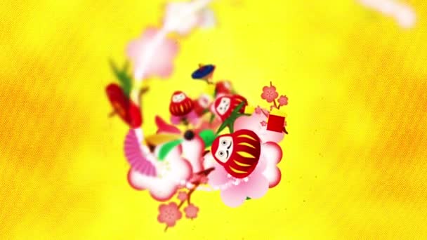 Animation traditionnelle japonaise d'ornement. Modèle de culture du Nouvel An. Fond d'or. Animation en boucle .