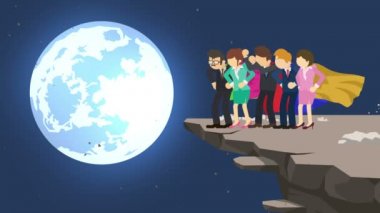 Süper kahraman iş ekibi meydan okumaya hazır kayalıklarda duruyor. İş takımı sembolü. Takım Çalışması ve Başarı kavramı. Komik döngü animasyon.
