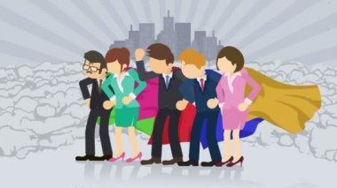 Şehrin arka planında duran süper kahramanlar. Bir toz bulutunun yanında. İş takımı sembolü. Takım Çalışması ve Başarı kavramı. Komik döngü animasyon.