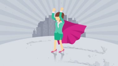 Süper kahraman şehir arka planda duruyor. Toz dansı. İş kadını sembolü. Liderlik ve Başarı kavramı. Komik döngü animasyon.