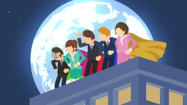 Ay ışığı şehrindeki süper kahramanlar. Gökdelenin üzerinde duruyor. İş takımı sembolü. Takım Çalışması ve Liderlik kavramı. Komik döngü animasyon.
