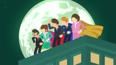 Ay ışığı şehrindeki süper kahramanlar. Gökdelenin üzerinde duruyor. İş takımı sembolü. Takım Çalışması ve Liderlik kavramı. Komik döngü animasyon.