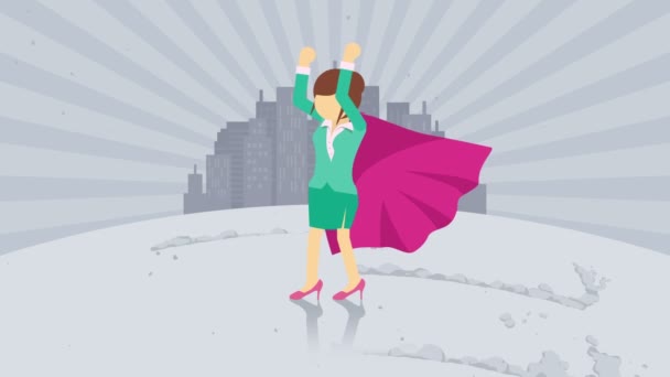 超级英雄站在城市背景上 尘土舞蹈商业女性符号 领导力和成就理念 漫画循环动画 — 图库视频影像