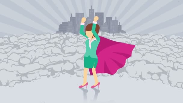 Superhero Standing City Background Cloud Dust Business Woman Symbol Leadership — Stock Video