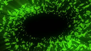 Düşen yaprağın dönüşü. Yeşil yaz yaprağı arka plan. Yaprak konfeti. Cg döngü animasyonu.