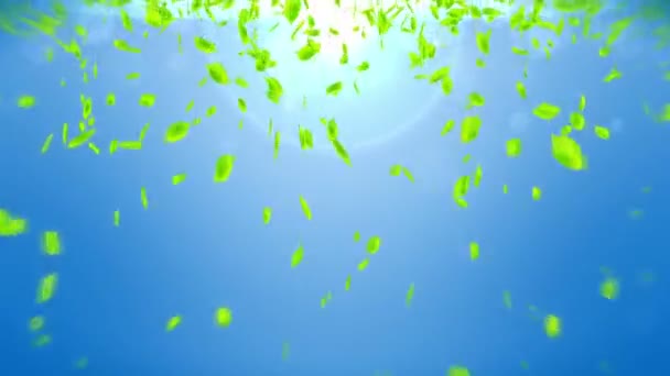 Frische Grüne Blätter Fallen Auf Blauem Hintergrund Blatt Konfetti Schleifenanimation — Stockvideo