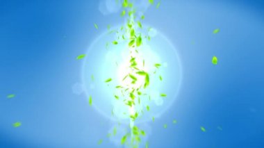 Mavi arka plana düşen taze yeşil yapraklar. Cg yaprak konfeti. Döngü animasyonu.