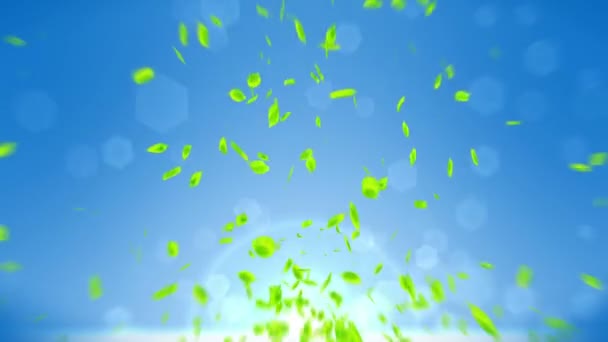 Feuilles Vertes Fraîches Tombant Sur Fond Bleu Confettis Aux Feuilles — Video