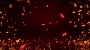 Sonbahar yaprakları düşüyor. Sonbahar yeşillik konfetisi. Cg akçaağaç döngü animasyon. Güzel sonbahar kırmızı arka plan.