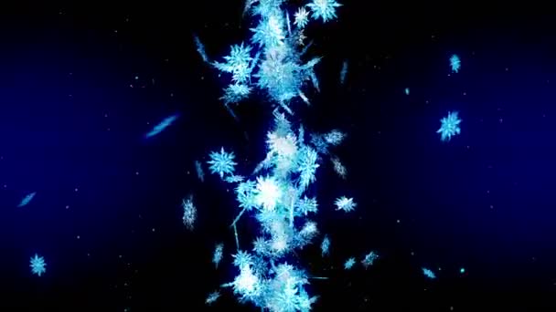 冬天雪水晶飘落 美丽的雪作用在蓝色背景 圣诞节 雪花循环动画 — 图库视频影像