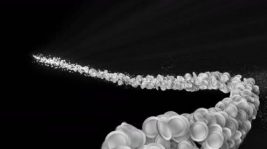 Birçok uçan gümüş sikke. Siyah arka planda bir sürü sikke. Glitter sikke animasyon.