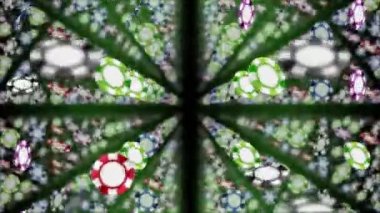 Birçok uçan kumarhane paraları. Siyah arka planda poker yongaları bir sürü. Renkli sikke döngü animasyon. Bir kumarhane kavramı.