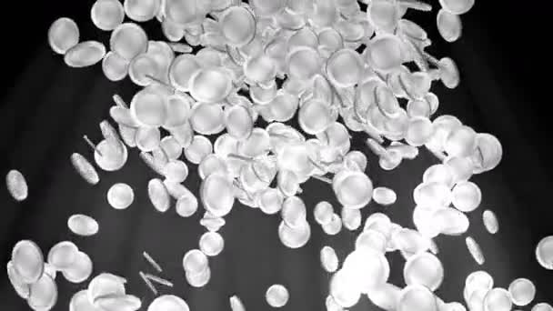 Beaucoup de pièces d'argent volantes. Beaucoup de pièces sur fond noir. animation de boucle de pièce de monnaie pailletée .