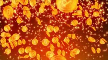 Siyah arka planda birçok Bitcoins döndürme. Büyük harf B işareti ile altın sikke. Sanal para kavramı.