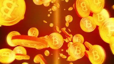 Siyah arka planda birçok Bitcoins döndürme. Büyük harf B işareti ile altın sikke. Sanal para kavramı.