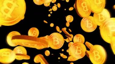 Siyah arka planda birçok Bitcoins döndürme. Büyük harf B işareti ile altın sikke. Sanal para kavramı.