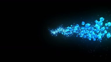 Siyah arka planda mavi küpler. Geometrik çokgen ile 3D küpler bağlantısı. Siber. İş sembolü.