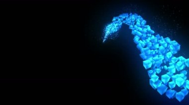 Siyah arka planda mavi küpler. Geometrik çokgen ile 3D küpler bağlantısı. Siber. İş sembolü.