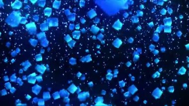 Siyah arka planda mavi küpler. Geometrik çokgen ile 3D küpler bağlantısı. Döngü animasyonu. Siber. İş sembolü.