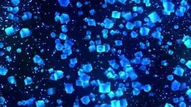 Siyah arka planda mavi küpler. Geometrik çokgen ile 3D küpler bağlantısı. Döngü animasyonu. Siber. İş sembolü.