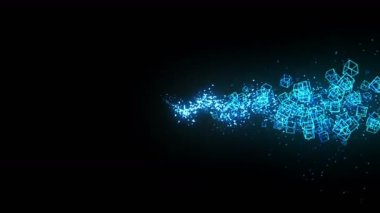 Siyah arka planda mavi küpler. Geometrik çokgen ile 3D küpler bağlantısı. Siber. İş sembolü.