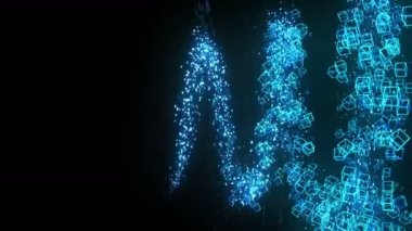 Siyah arka planda mavi küpler. Geometrik çokgen ile 3D küpler bağlantısı. Siber. İş sembolü.