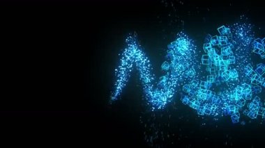 Siyah arka planda mavi küpler. Geometrik çokgen ile 3D küpler bağlantısı. Siber. İş sembolü.