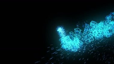 Siyah arka planda mavi küpler. Geometrik çokgen ile 3D küpler bağlantısı. Siber. İş sembolü.