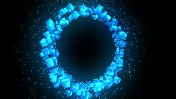 黒の背景に青い立方体 ジオメトリックポリゴンを使用した3D キューブの接続 サイバー スペース ビジネスシンボル — ストック動画