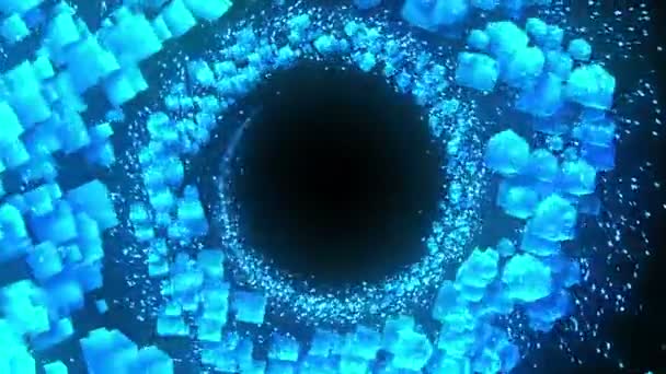 Niebieskie Kostki Czarnym Tle Połączenie Kostek Wielokątną Geometryczną Cyberprzestrzeni Symbol — Wideo stockowe