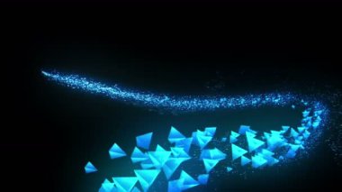 Siyah arka planda mavi piramitler. Geometrik çokgen ile 3D piramit bağlantısı. Siber. İş sembolü.