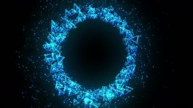 Siyah arka planda mavi piramitler. Geometrik çokgen ile 3D piramit bağlantısı. Siber. İş sembolü.