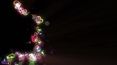 Parlak kalpler ve yıldızlar Parlaşın. Aşk ve Sevgililer Günü kavramı. Romantik bir gece. Gökkuşağı. Mavi arka plan.