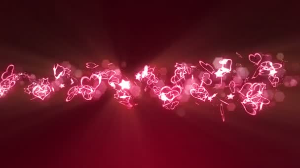 Блестящие Яркие Сердца Звезды Понятие Дня Влюбленных Романтическая Ночь Красный — стоковое видео