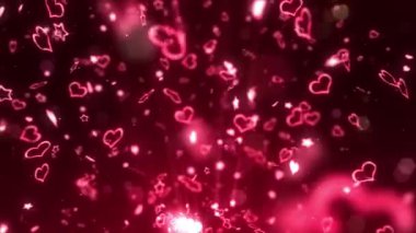 Parlak Kalpler ve yıldızlar ışıldayan. Aşk ve Sevgililer günü kavramı. Romantik bir gece. Kırmızı arka plan. Döngü animasyonu.