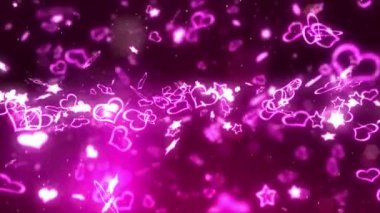 Parlak Kalpler ve yıldızlar parkle. Aşk ve Sevgililer günü kavramı. Romantik bir gece. Pembe arka plan. Döngü animasyonu.