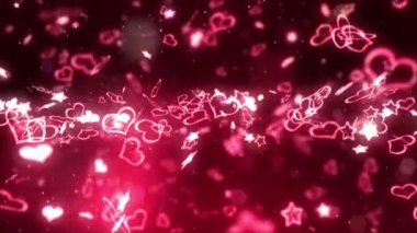 Parlak Kalpler ve yıldızlar ışıldayan. Aşk ve Sevgililer günü kavramı. Romantik bir gece. Kırmızı arka plan. Döngü animasyonu.