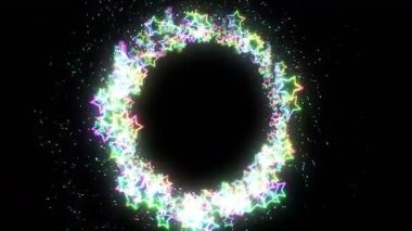 Gökkuşağı yıldızlar düşüyor. Işıltılı parlak yıldız. Multicolor. Soyut gökkuşağı deseni. Siyah arka plan.